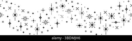 Pixel star sparkle wavy seamless border. Pixel art sparkles and glitter frame with 8 bit pixelated stars, magic twinkle in curved flowing pattern Stock Vector