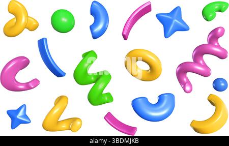 Party confetti 3d shapes. Glossy colorful abstract 3D blobs, confetti and stars, swirls. Modern 3D cartoon realistic render vector isolated set for Stock Vector