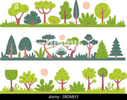 Forest landscape. Green trees, bushes and pine-trees, abstract cartoon summer woodland, plants in wood. Eco and wildlife scenes. Nature outdoor vector Stock Vector