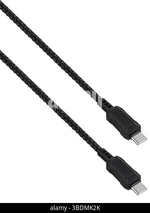 Black cable with Type-C connector, filmed on a white background in insulation. frm Universal charging cable for modern digital devices. Stock Photo