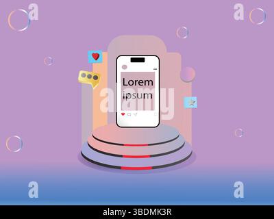 Flat 3D Podium Scene with Smartphone Interface and UI Elements Stock Vector