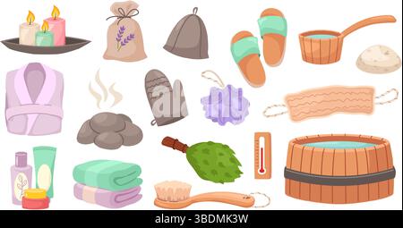 Cartoon sauna elements. Bathroom and spa self care items. Stones, towel and brush, bath broom and bathrobe, candles and thermometer, wooden tub and Stock Vector
