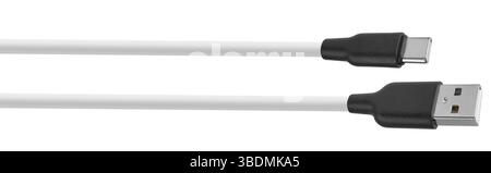 Close-up of a white USB Type-C cable with metal tips. On a white background. Stock Photo
