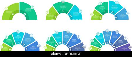 Semicircle steps diagram infographic templates. Round business chart 2 -7 process options, step by step startup workflow. Ring timeline vector Stock Vector