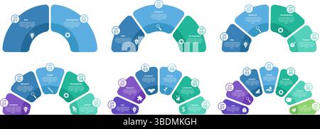 Semicircle diagram infographic template. Round business chart 2 -7 steps, process options, step by step project workflow. Circle vector infographic Stock Vector