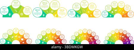 Fan infographic templates. Semicircle diagram, peacock tail chart. Color half-circle fan infographics with multi-step business startup process Stock Vector