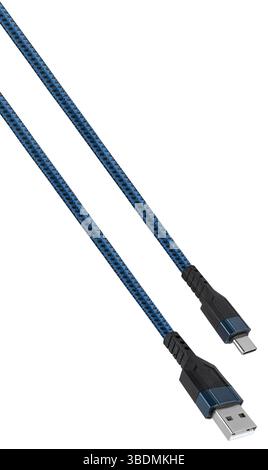 Close-up of cable with USB and Type-C connectors, On white background. Suitable for charging and data transfer. Stock Photo