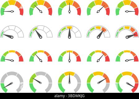 Speedometer gauge meter. Color dashboard gauge indicators of risk levels, range. UI analytics, credit score and speedometer, status tracking Stock Vector