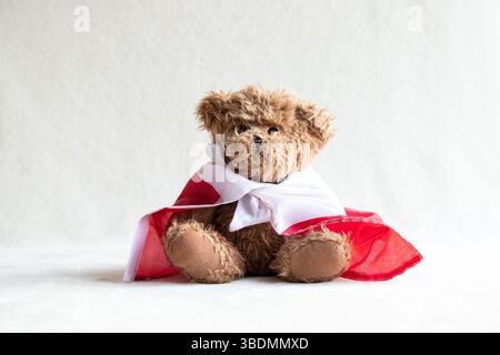 Teddy bear wrapped in white Poland flag on light background Stock Photo