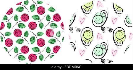 Hand Drawn Floral and butterflies Seamless Patterns on Circle Backgrounds Spring or Summer Backdrop. Set Isolated Vector Illustration Greeting Thematic Cards, labels or banners, events and celebration Stock Vector