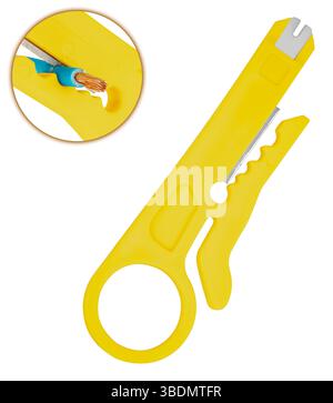 Professional wire stripping knife on white background. Tool for electricians, comfortable in the hand. Stock Photo