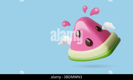 Juicy watermelon piece in clouds cute 3d emoji on sky blue background Stock Vector