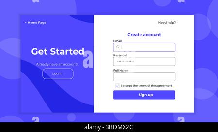 Register page layout. Sign up form templates with ux elements. Minimalistic registration screen for desktop Stock Vector