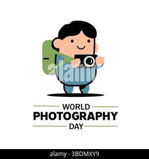 World Photography Day Cartoon Character T-Shirt Design Vector Illustration Concept Stock Vector