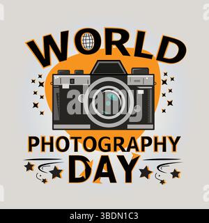 World Photography Day Vector Poster – Camera Typography Design Illustration Stock Vector