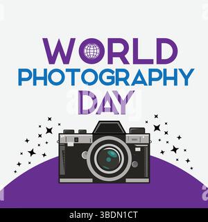World Photography Day greeting design with camera and creative typography celebration for photographers and hobbyists Stock Vector