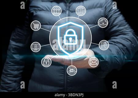 Cybersecurity shield digital protection concept. Cyber security representing digital security, with icons for cloud protection, fingerprint authentica Stock Photo
