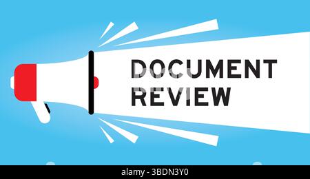 Color megaphone icon with word document review in white banner on blue background Stock Vector