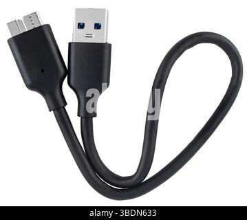 Black USB 3.0 Micro and USB 3.0 cable, flexible and abrasion resistant. Stock Photo