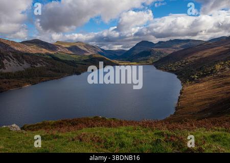 Ennerdale water in the Lake District, Cumbria from an elevated position on an overcast and cloudy day. Stock Photo