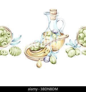 Olives and olive oil seamless pattern arrangement with frames and borders highlighting Italian cuisine and natures beauty Stock Vector