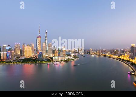 Aerial View of Shanghai skyline with with winding river Stock Photo