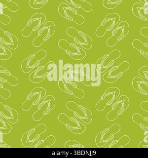 Seamless pattern with flip flops summer shoes in line art style. Slippers design for wallpaper, textile on a green background. Stock Vector