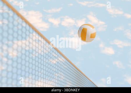Volleyball in the open air during summer, with a clear sky and a net, perfect for outdoor sports activities. 3d rendering Stock Photo