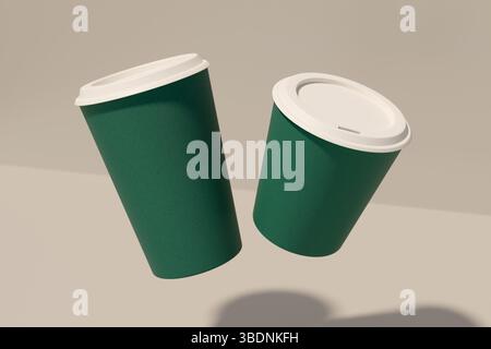 Two green coffee cups in motion for a festive gathering. 3d rendering Stock Photo