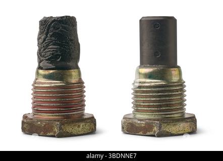 close-up of automatic transmission drain screw with magnetic tip isolated white background, collected sludge black metal particles or shavings Stock Photo
