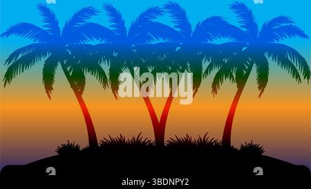 Tropical Sunset with Palm Tree Silhouettes - Vector Illustration Stock Vector