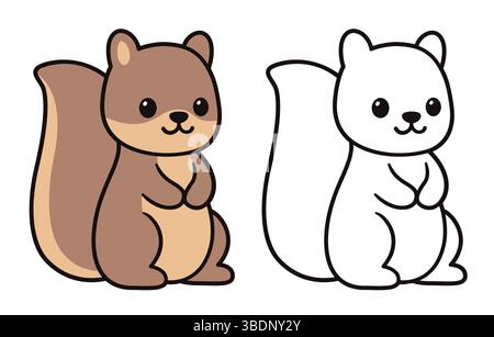 Cute cartoon sitting squirrel or chipmunk drawing. Color and black and white line art. Kawaii vector clip art illustration. Stock Vector