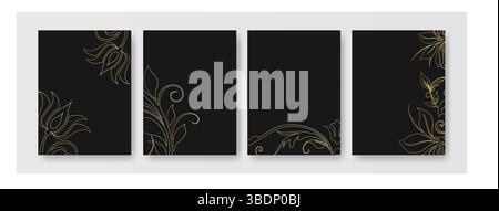 Black backgrounds feature elegant gold floral decoration, which can be used for invitations or elegant designs. Stock Vector