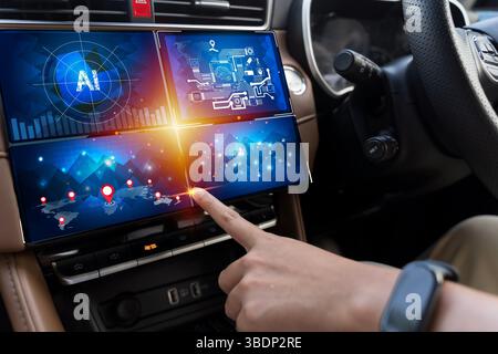 Modern car interior with futuristic AI touchscreen interface, displaying GPS location, data analytics, virtual control system. Concept for smart mobil Stock Photo