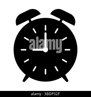Classic Alarm Clock Silhouette Illustration. The clock face features hour and minute hands, simple hour markings and two bells on top Stock Vector