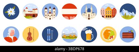 Travel to Austria set of round stickers with Austrian culture elements, landmarks and food. Colorful Old Town houses and Alpine mountain night landscape, violin and beer cartoon vector illustration Stock Vector