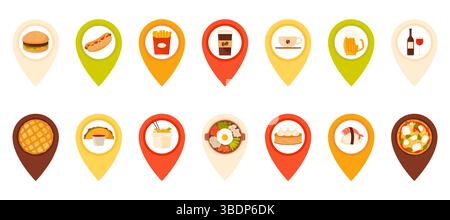 Pin location of fast food restaurant, cafeteria and pastry shop set. GPS point for lunch and dinner place destination, pointer with taco and burger, dumplings, noodles cartoon vector illustration Stock Vector