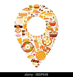 Pin location of fast food restaurant, order of meals from different cuisines of world. Pinpoint navigation symbol with Noodles box and burger, hot dog and Margherita Pizza cartoon vector illustration Stock Vector
