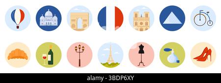 Travel to France set of round stickers with French culture elements, landmark and food. Wine bottle and glass, old bicycle and croissant, perfume and red fashion high heels cartoon vector illustration Stock Vector