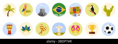 Travel to Brazil set of round stickers with culture elements, landmarks and tropical nature. Colorful houses and carnival, maracas and soccer ball, palm tree and cactus cartoon vector illustration Stock Vector