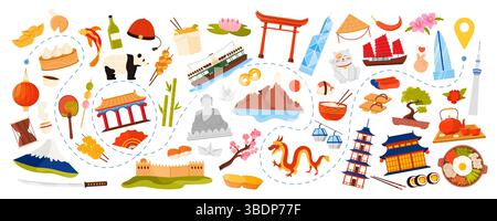 Travel to East Asia, Asian culture elements, cuisine and nature, animals and landmarks on tourist trip to destination. Great Wall of China and pagoda, mountain and sakura cartoon vector illustration Stock Vector