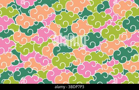 A colorful cloud pattern with green, pink and peach elements creates a vibrant and joyful scene for backgrounds or decorative purposes. Stock Vector