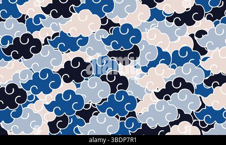 A colorful repeating pattern of clouds in various shades of blue, pink and black can be used as a background. Stock Vector