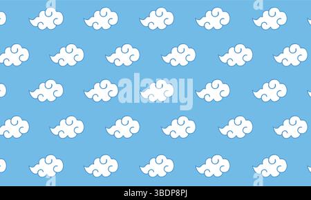 A repeating pattern of stylized white clouds against a light blue backdrop creates a whimsical design, suitable for wallpaper or fabric use. Stock Vector