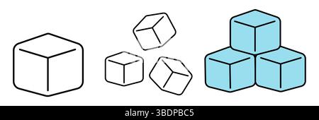 Sugar or ice cubes icon set. Ice cube vector illustration. Square dice outline symbol isolated. Editable stroke. Stock Vector