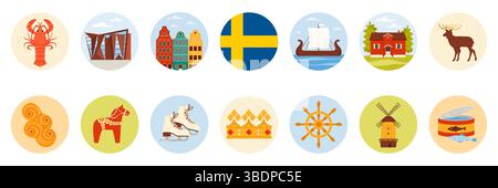 Travel to Sweden set of round stickers with Swedish culture elements, landmark and food. Old and modern buildings of Stockholm and crown, canned fish and viking boat, moose cartoon vector illustration Stock Vector