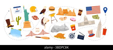 Travel to United States of America, American culture elements and famous landmarks, food on tour to USA. Statue of Liberty, Golden Gate Bridge, Capitol and Mount Rushmore cartoon vector illustration Stock Vector