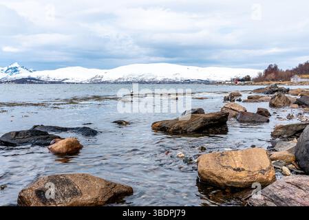 Tromsø beach with in the background snow covered mountains on Kvaløya, Troms, Norway. Spring in Tromsø. Rocks. Dramatic sky Stock Photo