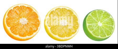 Collection of citrus halves - orange, lemon and lime on isolated white background. Citrus set. Stock Photo