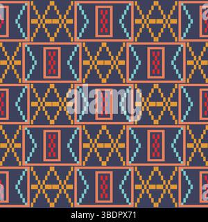 Modern geometric seamless pattern inspired by indigenous American textile traditions. Navy background with coral, turquoise, gold and red pixelated Stock Vector